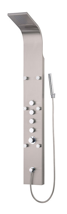 Colonne de douche hydromassante mécanique avec pommeau + douchette 1 jet + flexible, gris inox, Edouard Rousseau Orys