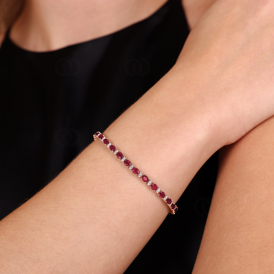 Tennisarmband 750/18 K Roségold mit Rubinen und Diamanten 0.45 ct H/si