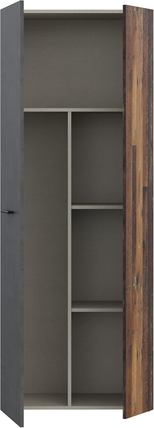 Forte NET106 Schrank 70 180, Mehrzweckschrank, Staubsaugerschrank, Abstellraum, Drehtürenschrank, 2-türig mit Einlegeböden, Beton-/Holzdekor Vintage Eiche, 68,7 cm breit x 181,1 cm hoch x 36,5 cm tief