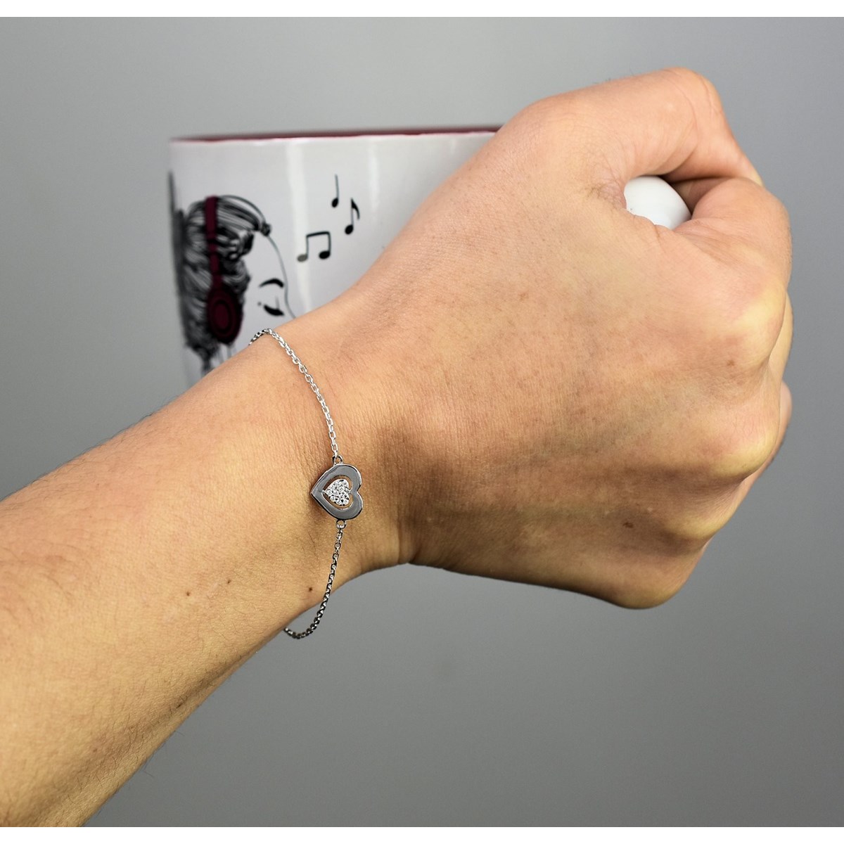 Bracelet coeur ajouré d'un autre coeur serti d'oxyde de zirconium Argent 925 Rhodié