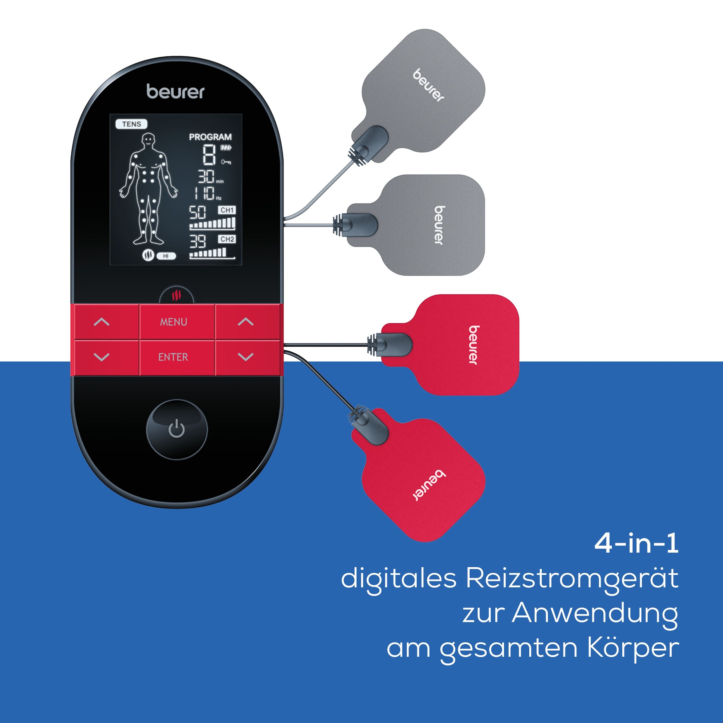 BEURER TENS-EMS-Gerät »EM 59 Heat, Reizstromgerät mit Wärmefunktion und 4 Elektroden« 3-in-1: TENS (Schmerzlinderung), EMS (Muskelstimulation) und Massage
