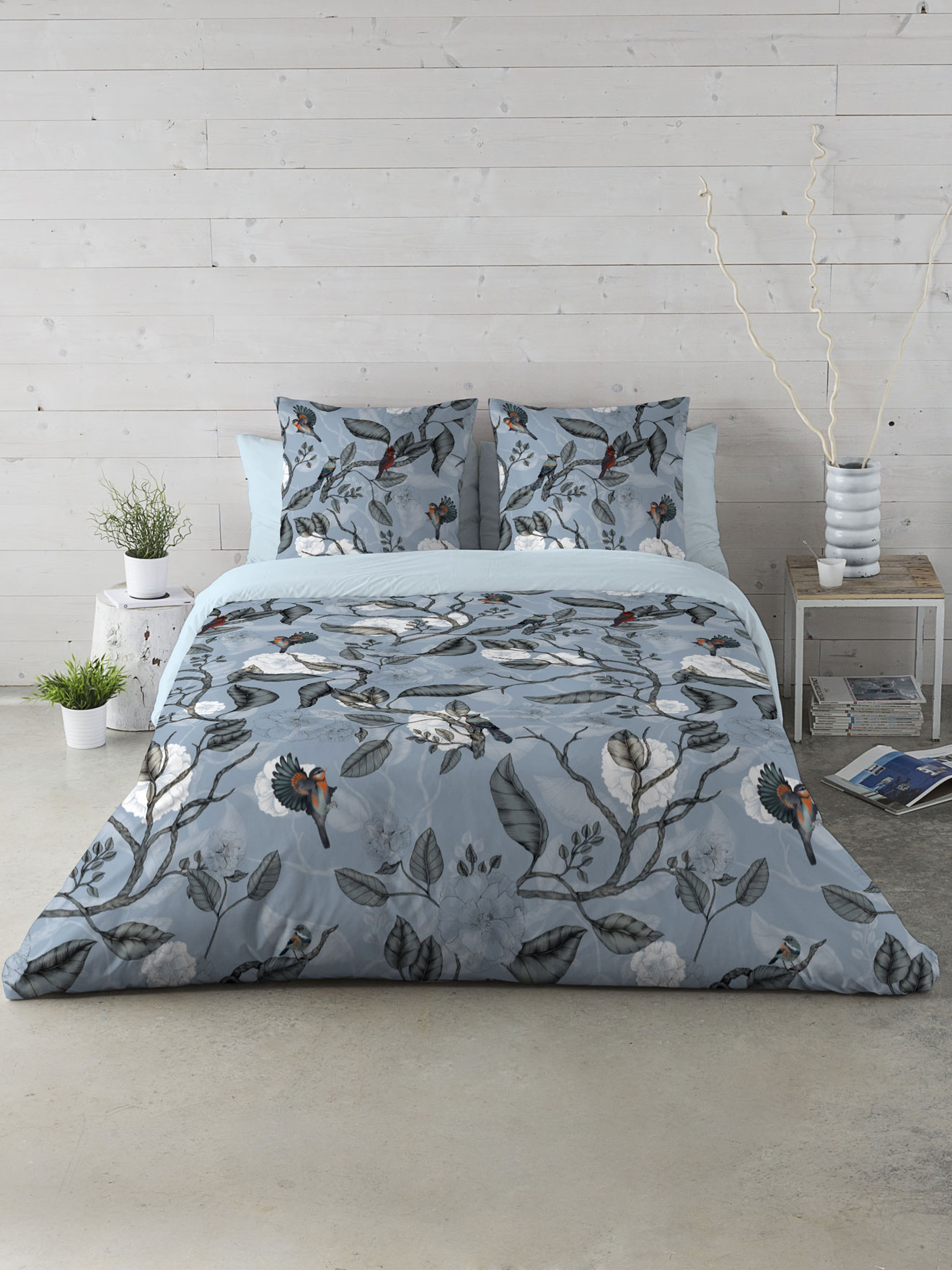 Taies branchages et oiseaux pur coton