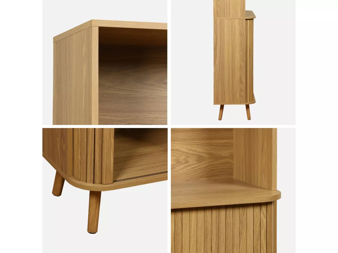 Etagère bibliothèque scandinave. 2 portes coulissantes. 4 niveaux. effet bois rainuré. L 80 x P 45 x H 180cm