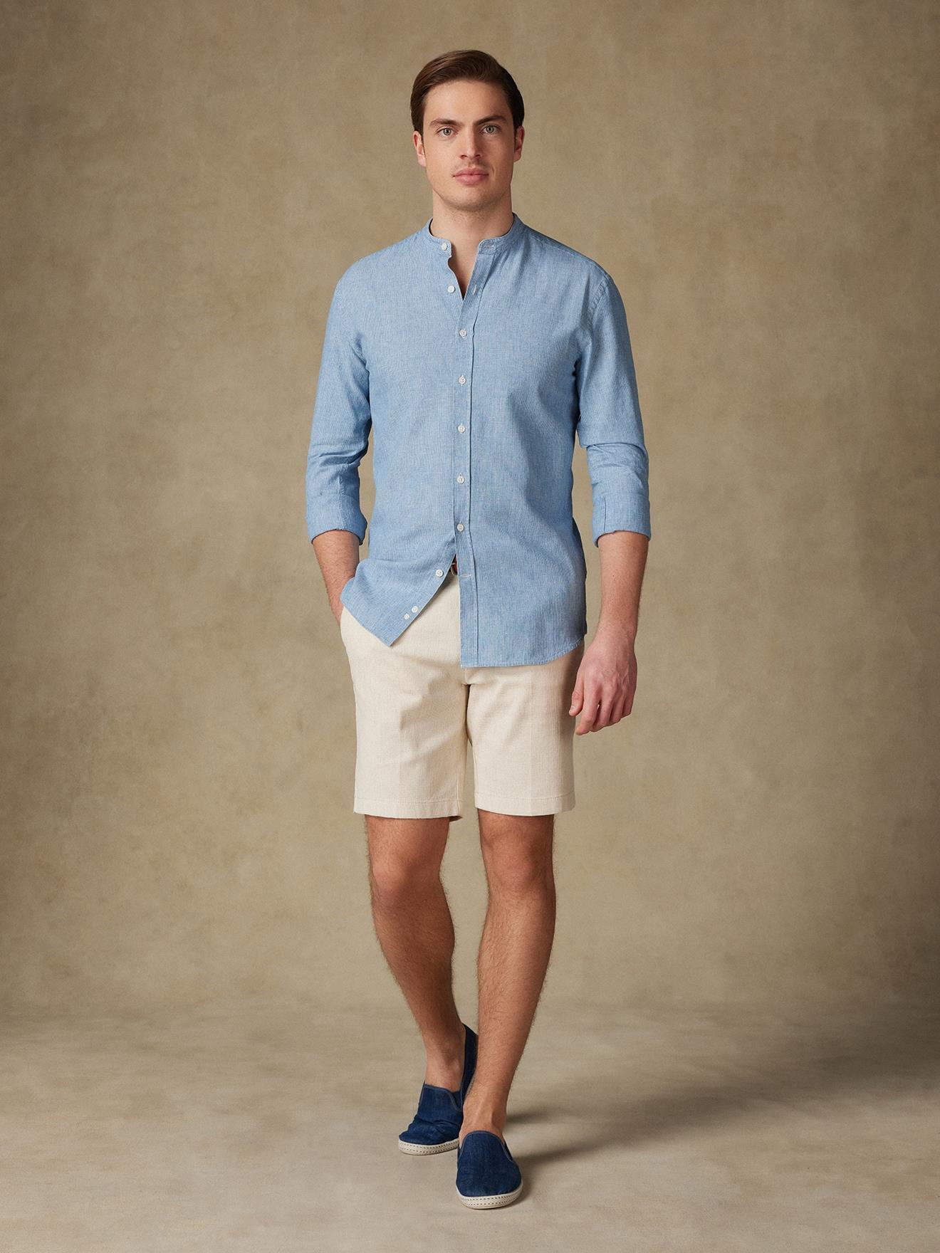 Chemise cintrée col mao Kirk en lin ciel