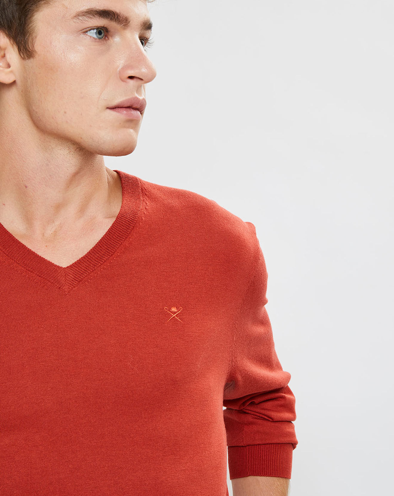 Hackett London Pull en Laine mélangée col V coudières orange/rouge
