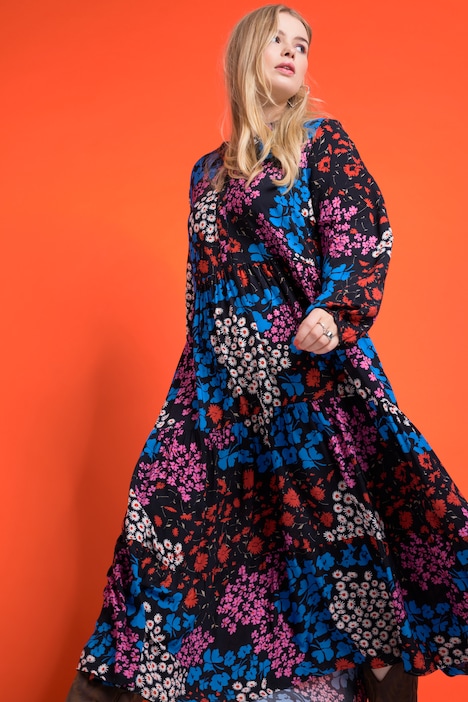 Maxikleid, Flower-Print, Stehkragen, Volants, Langarm