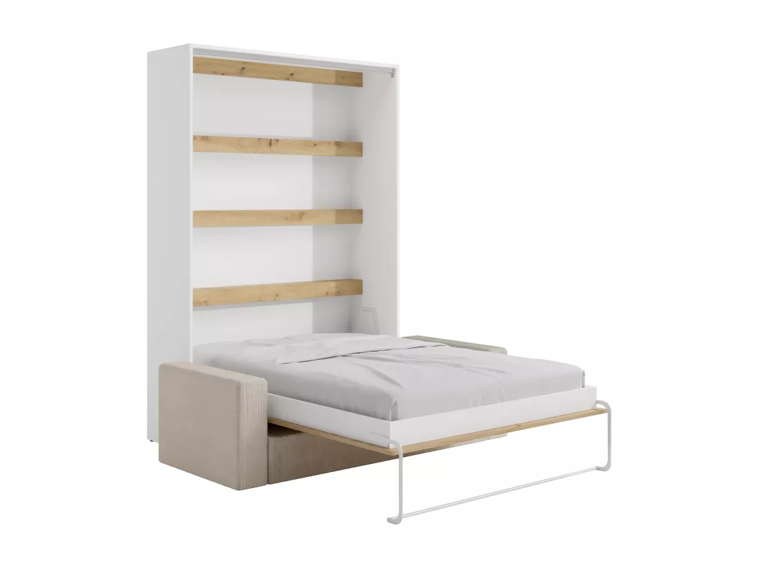 Lit escamotable 140 x 200 cm - Ouverture verticale manuelle - Avec LEDs - Blanc et naturel + Canapé - RAPILI