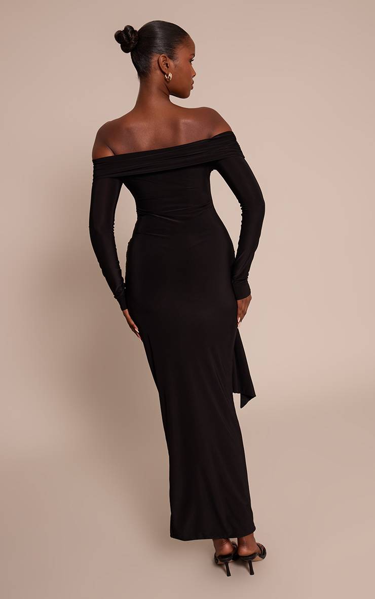 Noir Robe Maxi Portefeuille Épaules Dénudées En Tissu Slinky