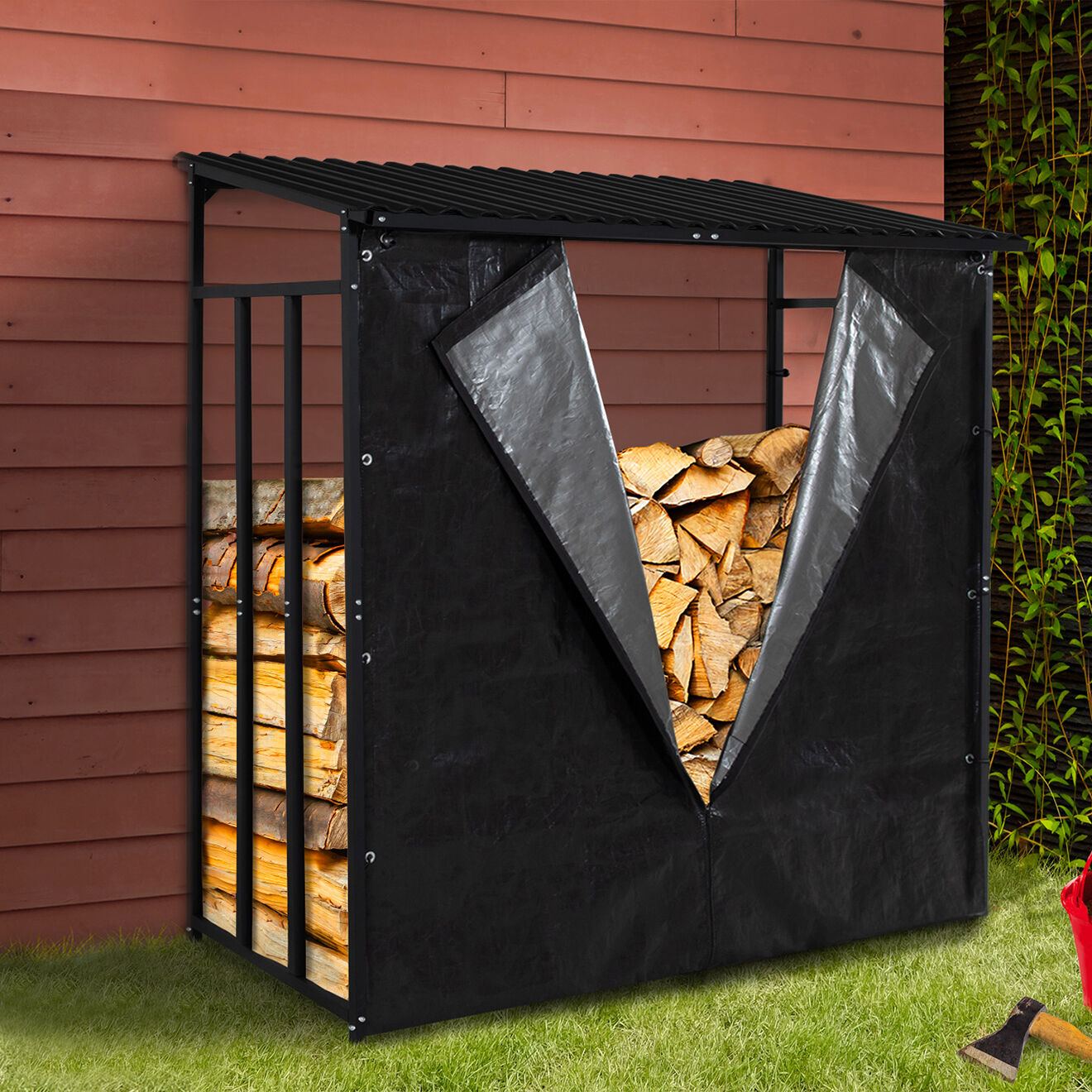 Pratik Garden Abri-bûches 3 stères avec housse de protection zippable noir - 185x70/90x170/185 cm