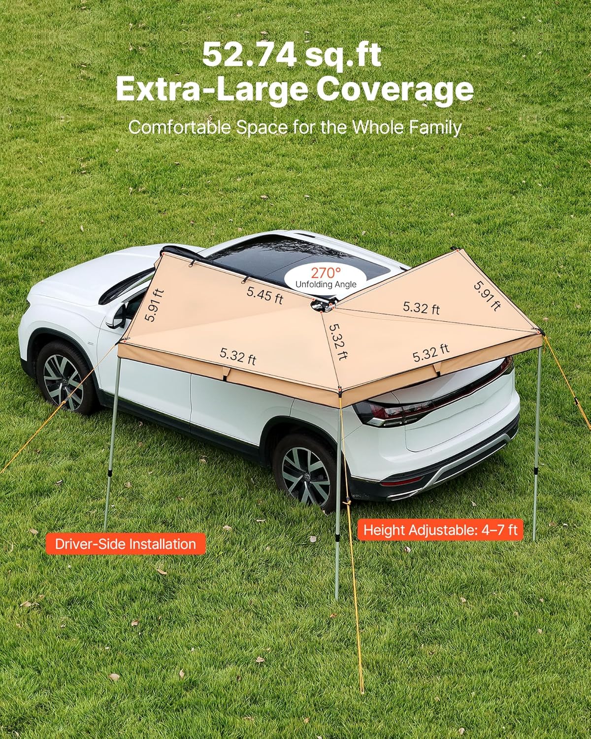 VEVOR Markise Auto, 270°-Markise, 3,19x3,07x2,10 m, Sonnensegel, wasserdicht (UV50+), inklusive Tragetasche, freistehendes Offroad-Vordach, Sonnenunterkunft für SUV, Van, LKW & Camping