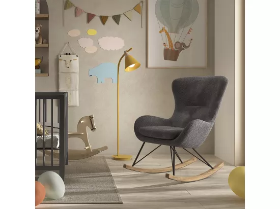 MOUTY - Chaise à Bascule en Tissu Bouclette Gris Pieds Bois et Métal