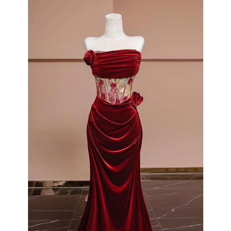 Fioridi - Strapless bloemenpaneel gerimpelde zeemeermin avondjurk