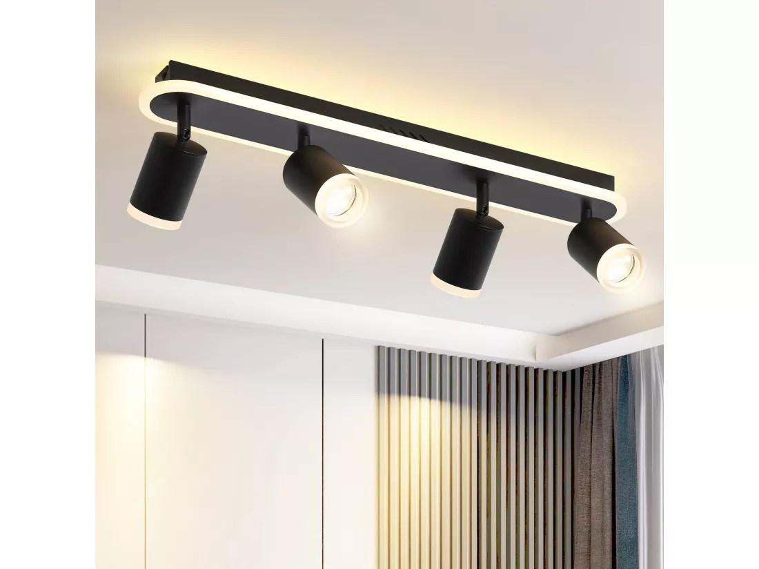 NETTLIFE 4 spot de plafond LED GU10 métal noir orientable 330° spot moderne blanc chaud pour chambre couloir salle à manger cuisine salon