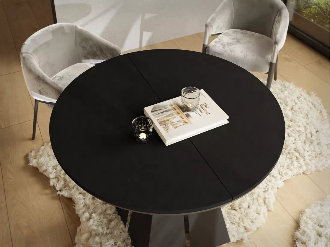 Table à Manger Ronde Extensible Avec Piètement Métallique Noir - Table Industrielle Moderne Pour Salle à Manger Ou Cuisine - 120 Cm à 200 Cm - Fabriqué En Ue - Noir