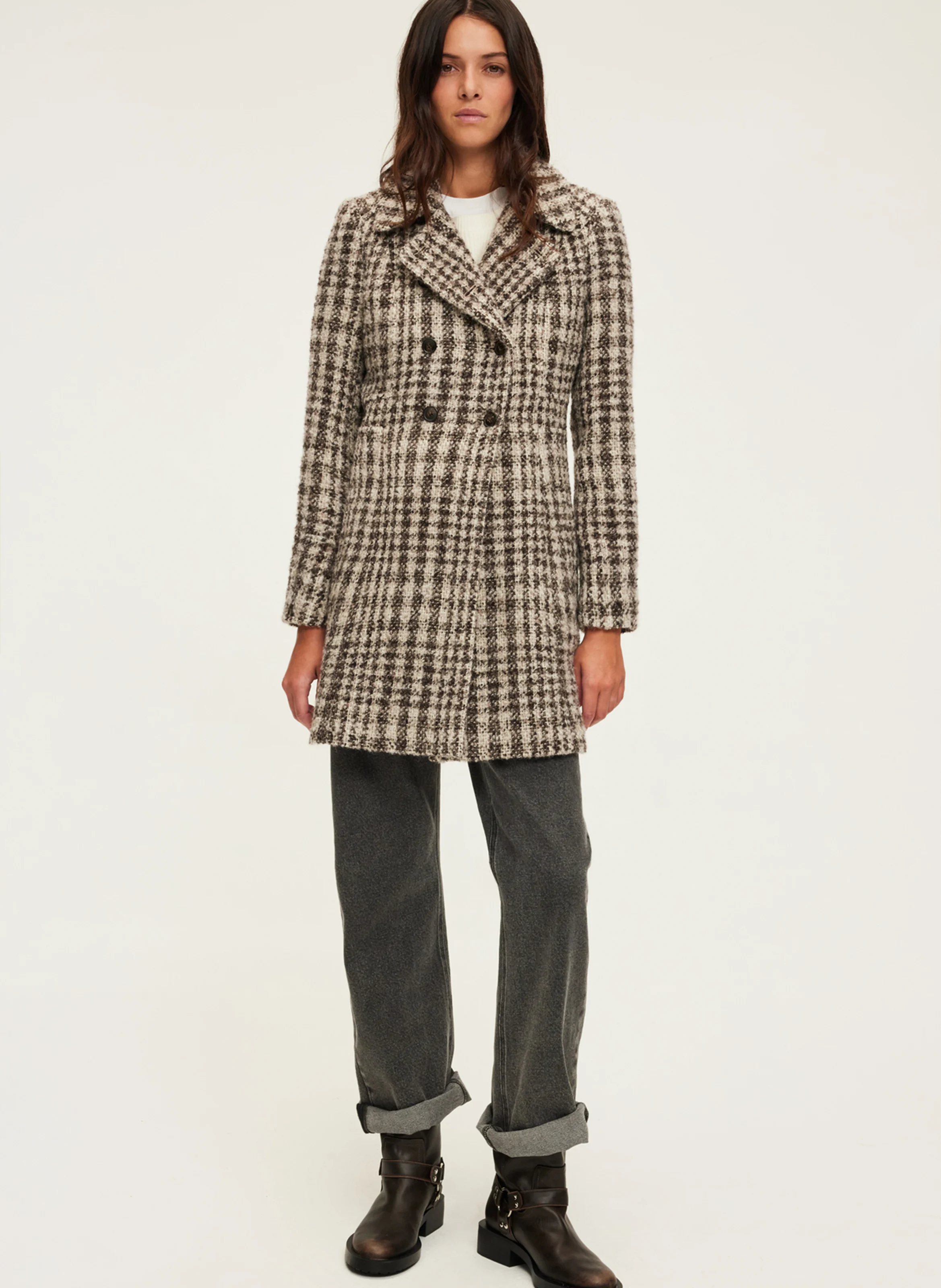 LIVIE - Manteau col classique à carreaux | Marron