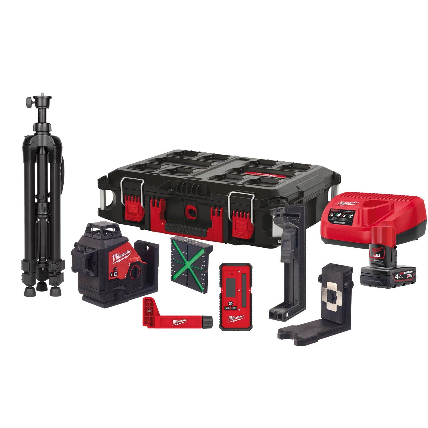 Milwaukee M12 3PLKIT-401P Accu kruislijnlaser 3x360° groen   laserdetector   statief 12V 4.0Ah in koffer - 4933478960