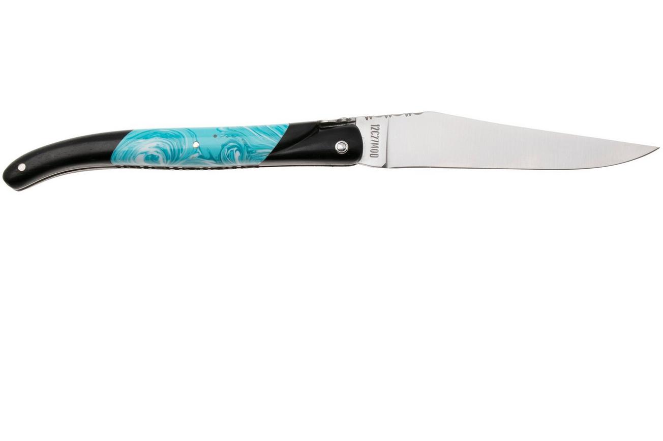 Laguiole en Aubrac Ebony, Larimar Inlay, Handcarved Plates, zakmes, 12 cm