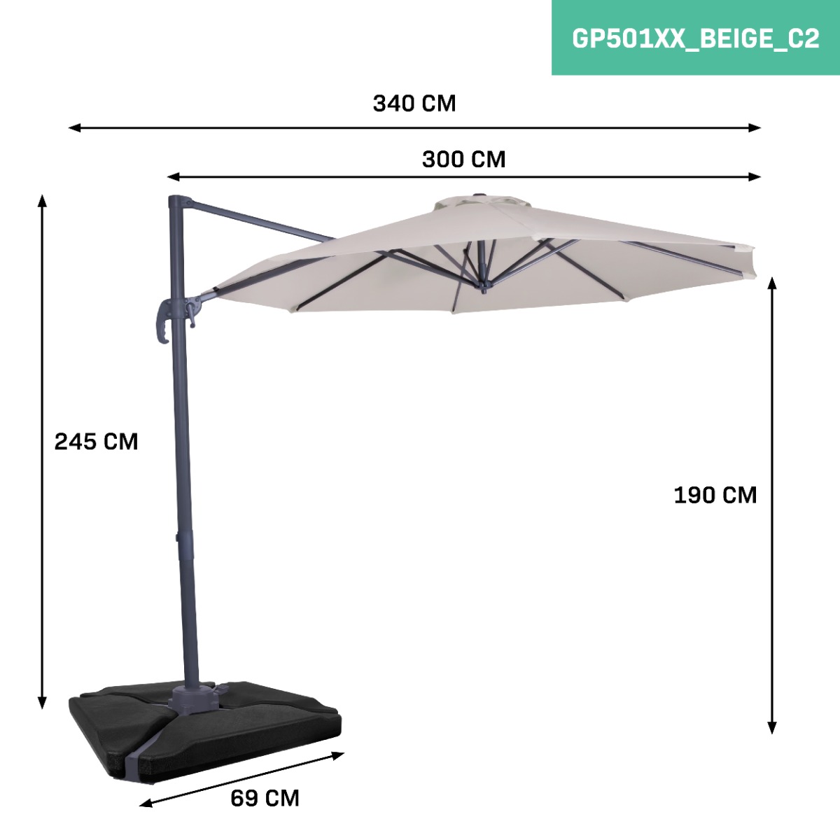 Vonroc Bardoline 300 zweefparasol met 4 tegels - Beige