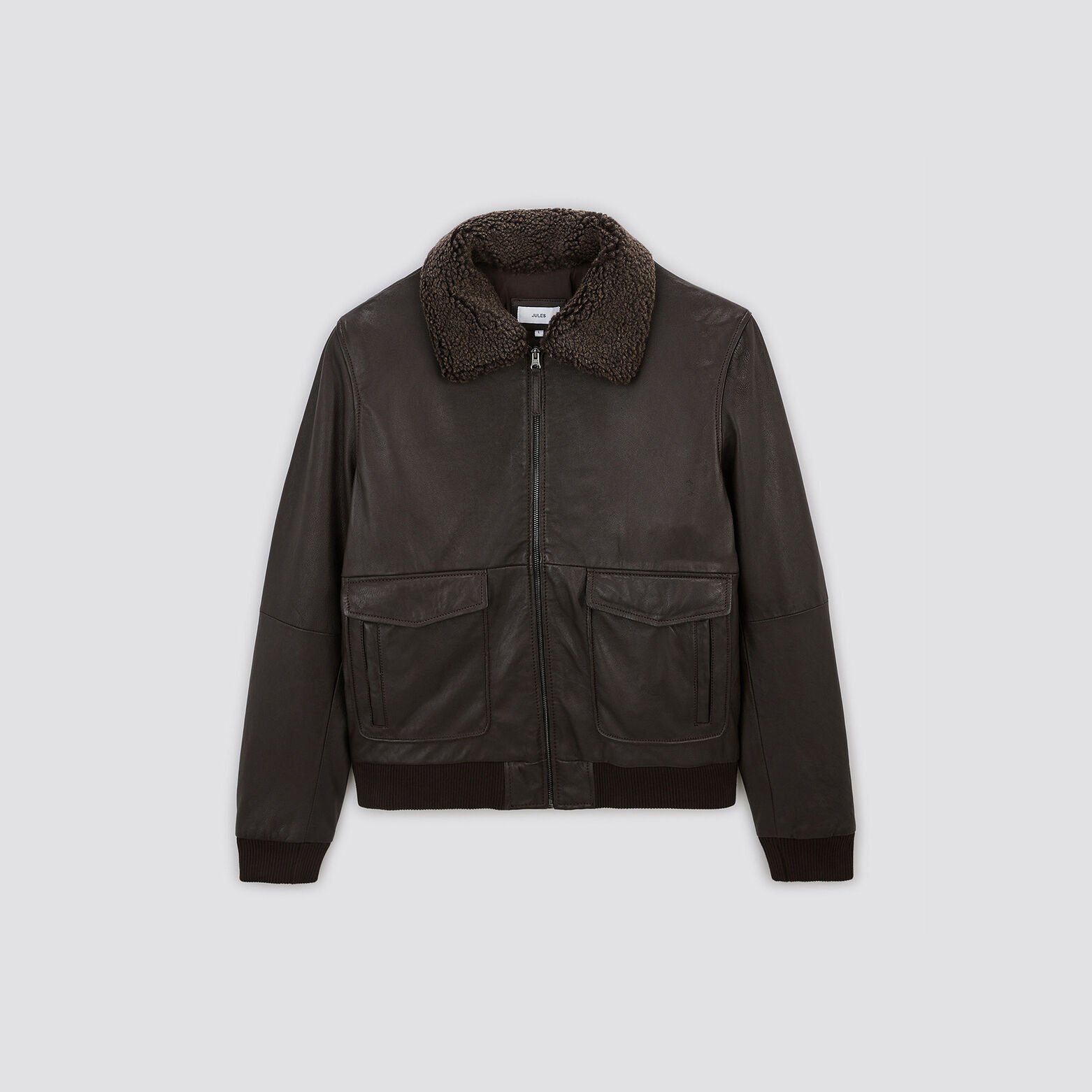 Blouson en cuir col moutonné amovible Marron
