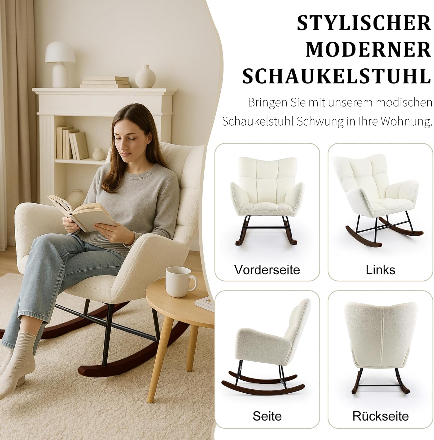Allyson® Schaukelstuhl Relaxsessel mit Liegefunktion, Flauschiger Lesesessel & Stillsessel, Schaukelsessel mit Armlehnen aus Holz, bis 150 kg belastbar, ideal für Wohnzimmer, Garten & Balkon - Beige