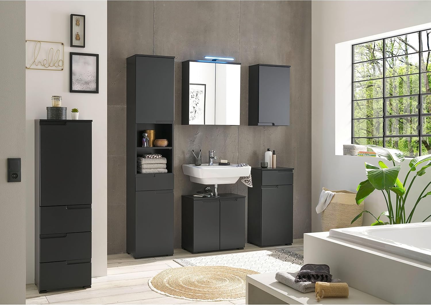 SPICE Badezimmer Kommode mit Schublade in Schwarz matt - Badezimmerschank Bad Schrank mit viel Stauraum - 40 x 85,5 x 32 cm (B/H/T)