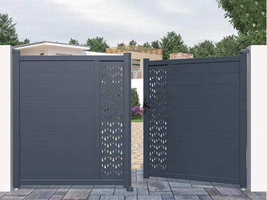 Portail électrique battant aluminium semi plein à motifs L305 x H181 cm anthracite GREGOR