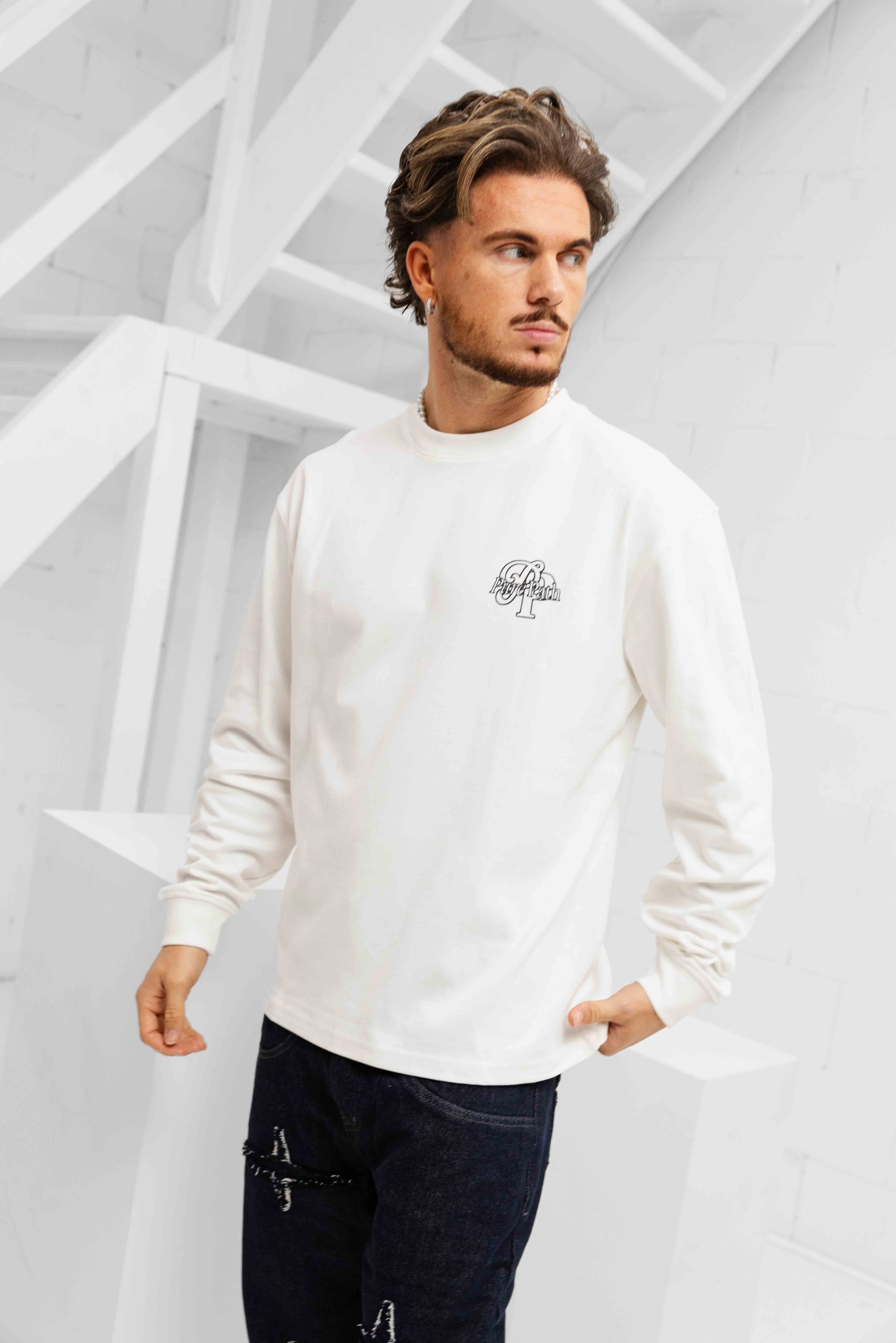 Pure Path Initial Longsleeve T-Shirt Heren Gebroken Wit