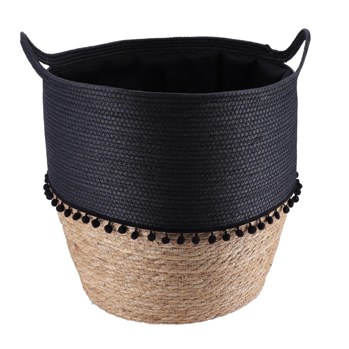 PANIERE RONDE DECO POMPONS D.37X43CM NOIR NATUREL
