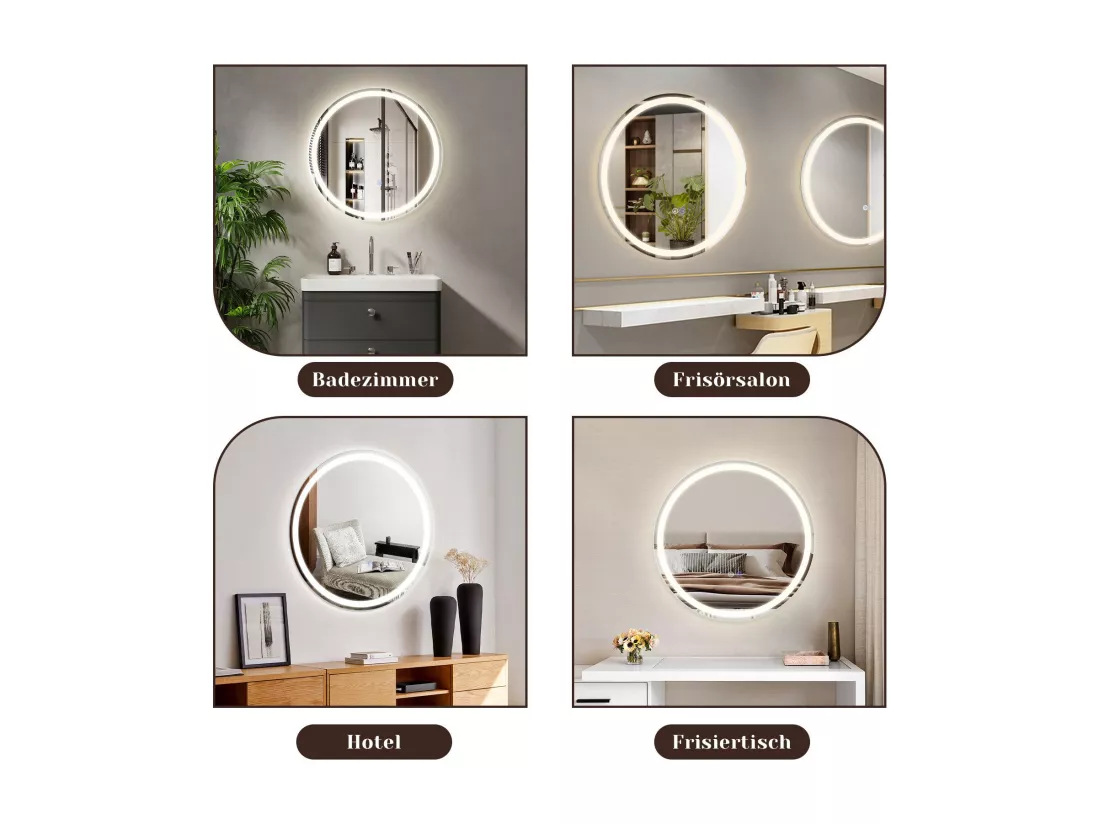 NETTLIFE Miroir lumineux salle de bain - Rond 50 cm LED, mural, interrupteur tactile, antibuée, IP44, réglable 3000K-6500K