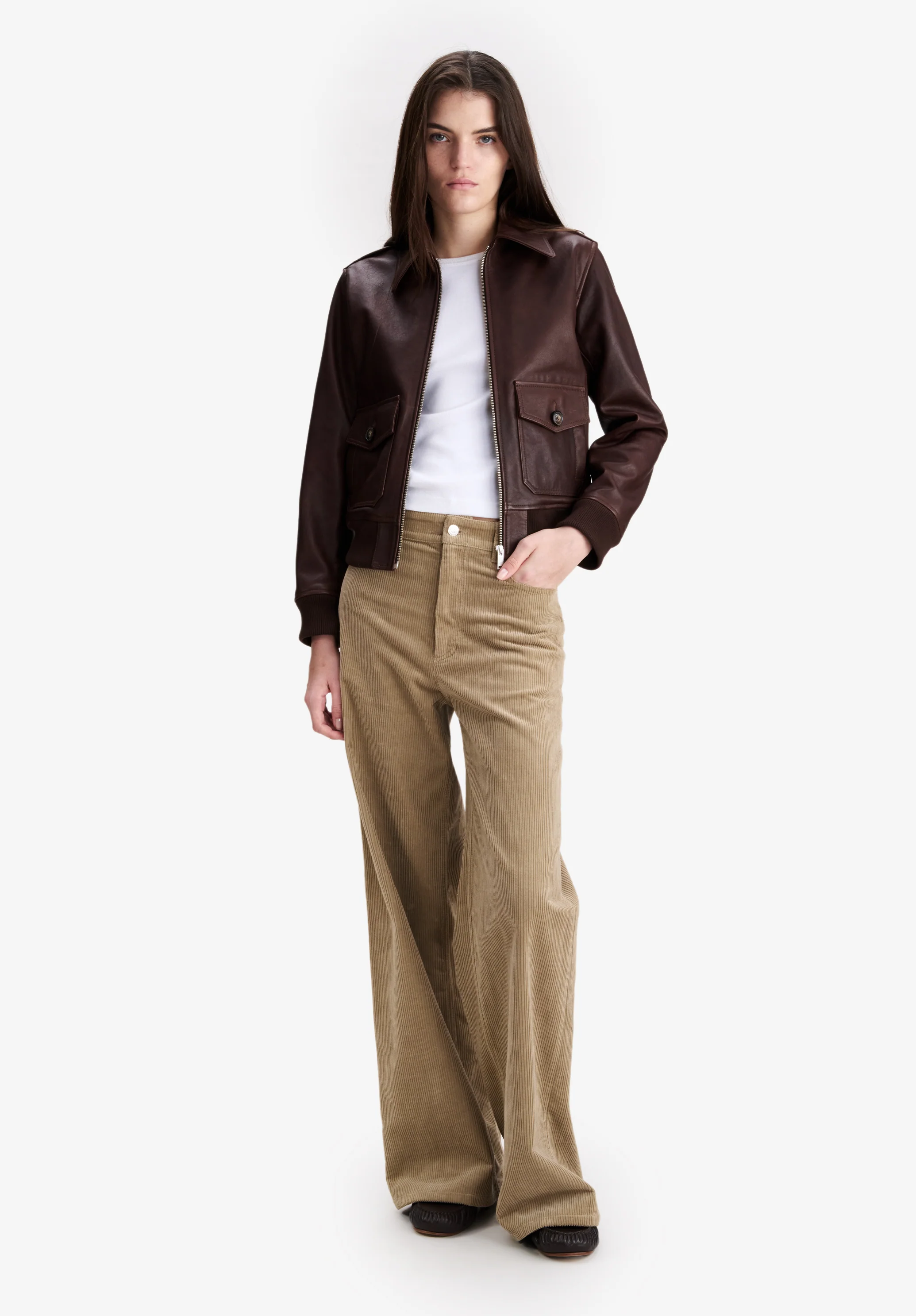 Blouson court en cuir marron - Marron