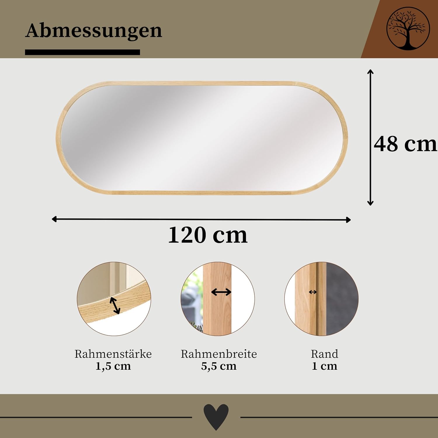 Wandspiegel mit Holzrahmen (120x48 cm) - Oval Spiegel mit Holz Eiche - Ovaler Bad Spiegel für Badezimmer, Flur, Wohnzimmer, Schlafzimmer - Stilvoller Eichenholz Badespiegel LEJA