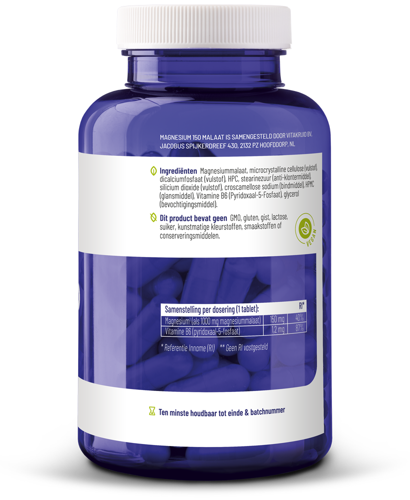 Vitakruid Magnesium 150 Malaat Met Vitamine B6 (P-5-P) (180 tabletten)
