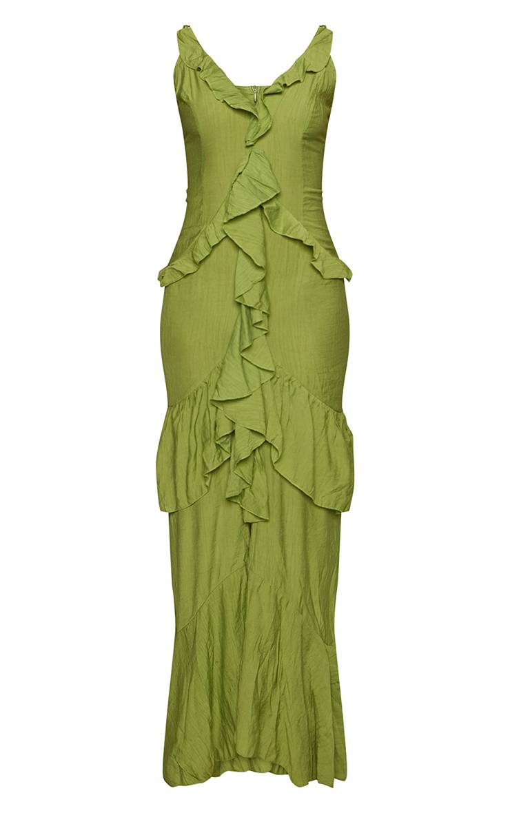 Vert Olive Robe Maxi Texturée À Volants Pour Grande Taille