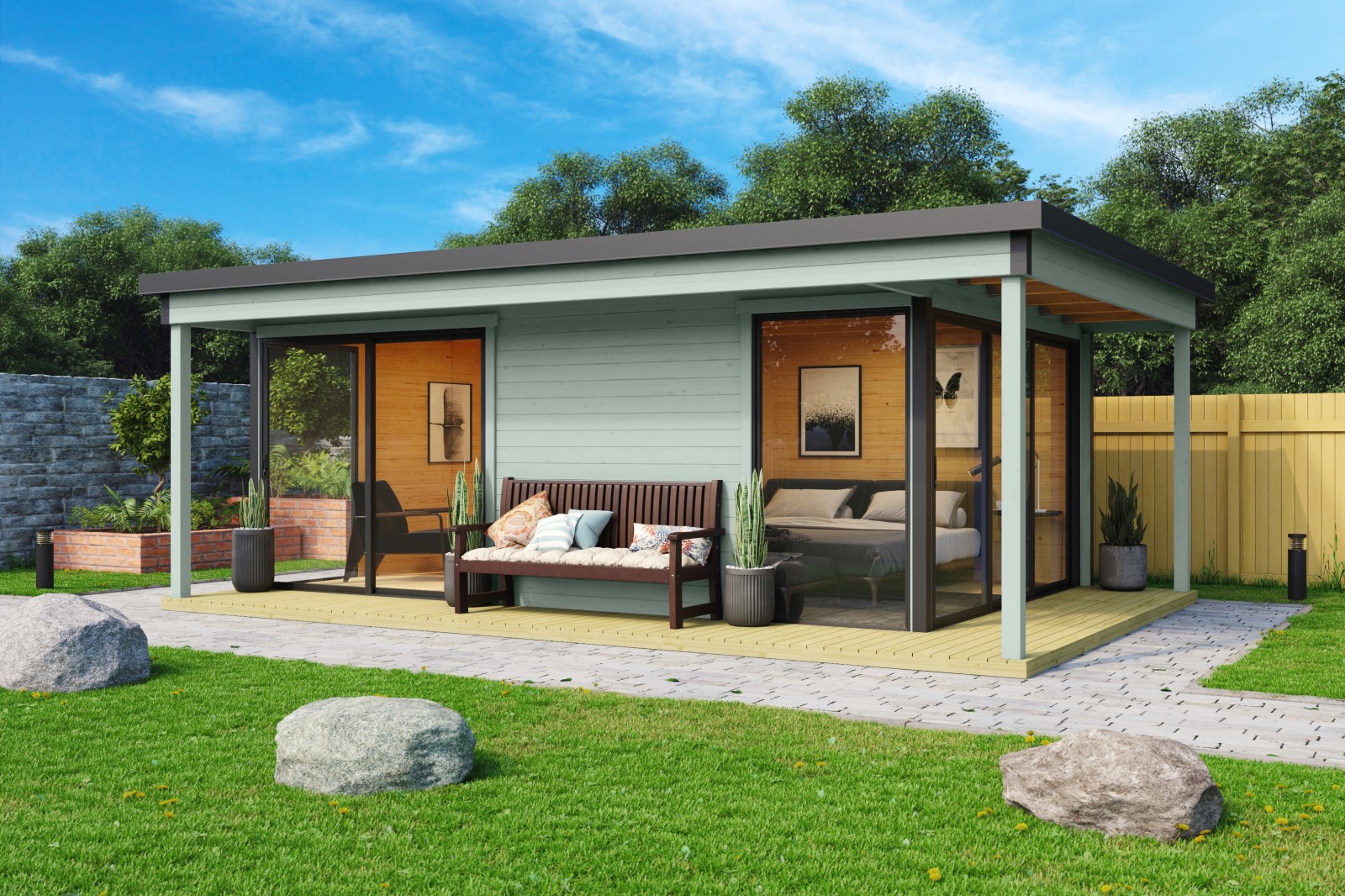Gartenhaus DOMEO 3 LOGGIA - gletschergrün-anthrazit - Fichte massiv