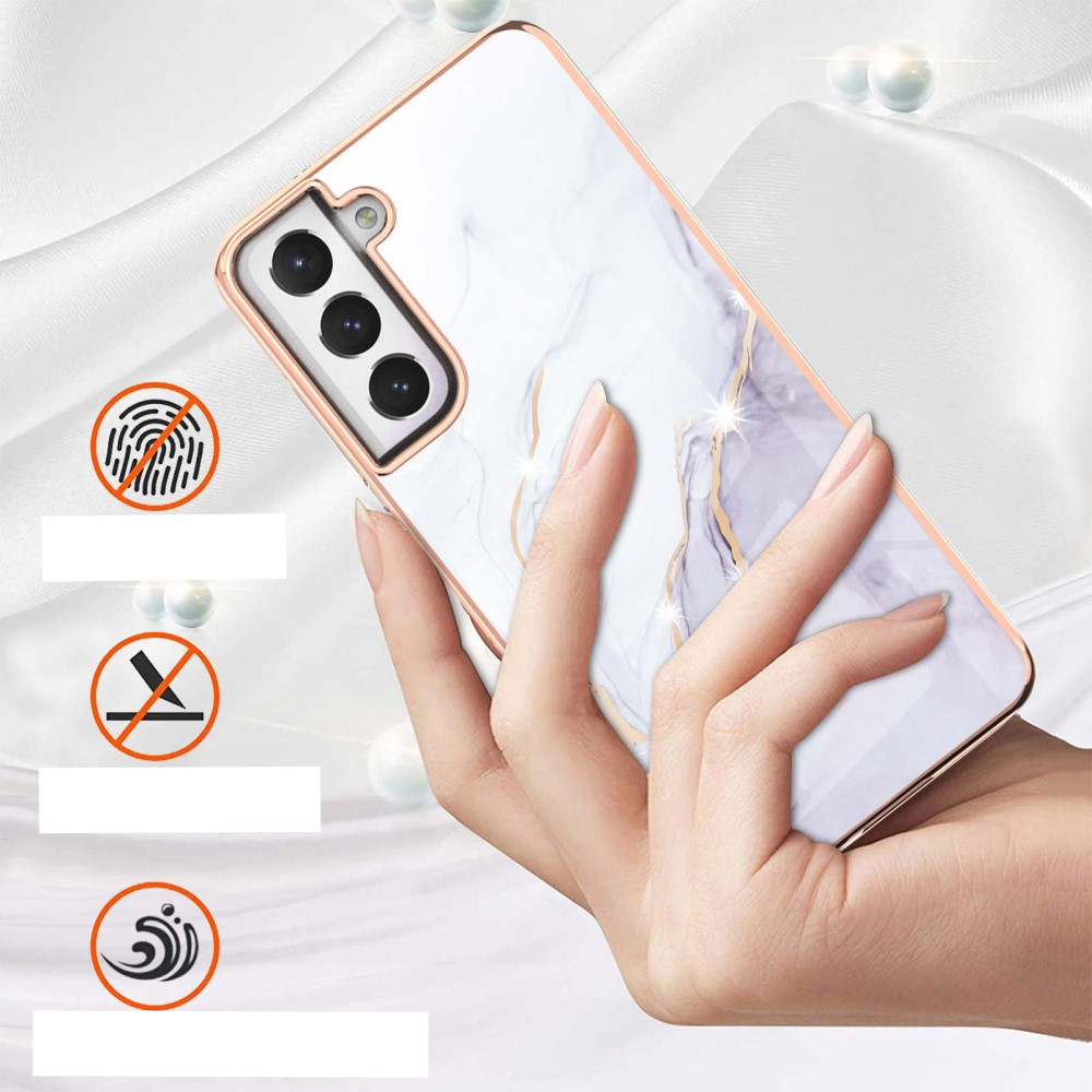 Samsung Galaxy S21 FE 5G Gummi Case Hülle Galvanisierter Rahmen Marble Marmor Design - Lila / Roségold