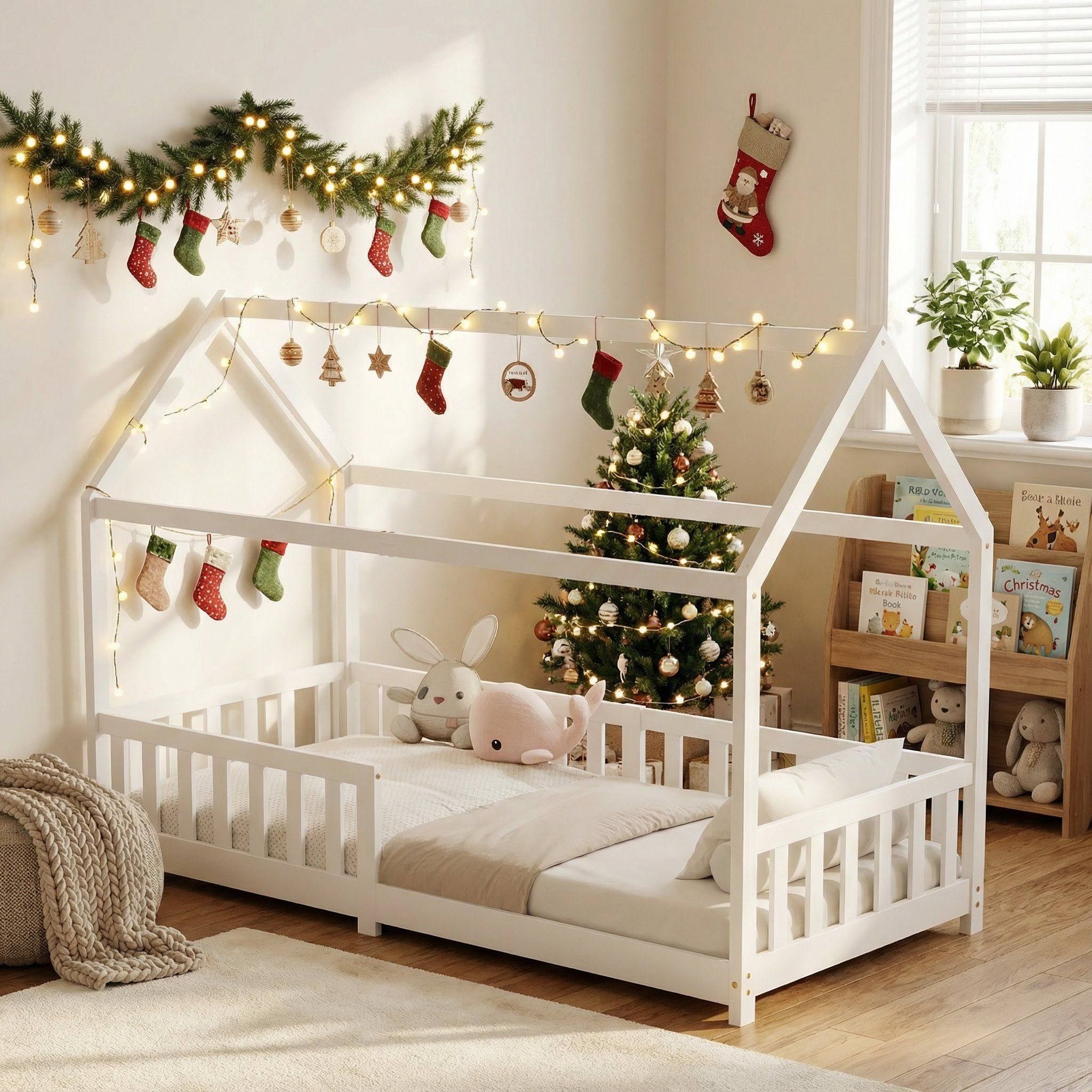 ecomi Kinderbett 80x160 mit Rausfallschutz und Lattenrost Hausbett