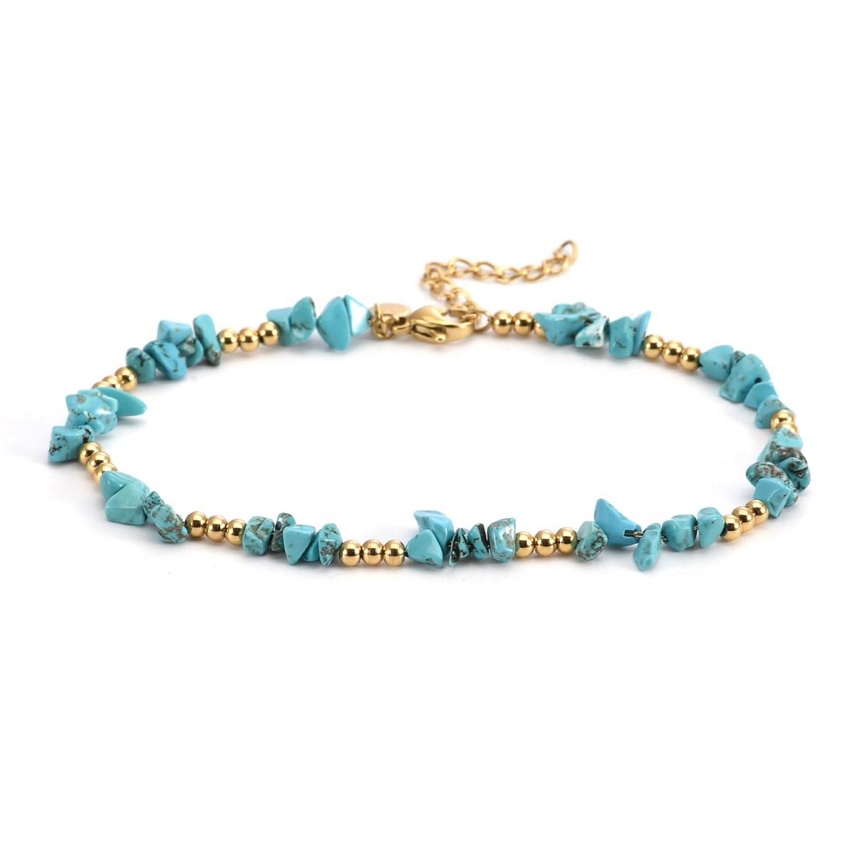 Sixty Stones - 60 - Chaîne De Cheville Perles De Pierre Naturelle Chips Turquoise Perles Dorées - 25 X 0,4 Cm-