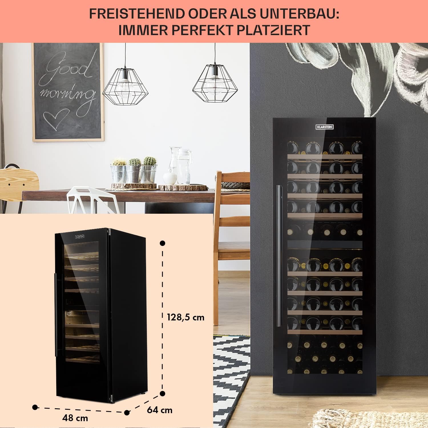 Klarstein Weinkühlschrank, Getränkekühlschrank Schmal, 2 Zonen Kühlschrank mit Glastür, Getränkekühlschränke Freistehend, Weinkühlschrank Klein, Weinkühlschränke mit UV-Schutz, 5-20°C, 77 Flaschen