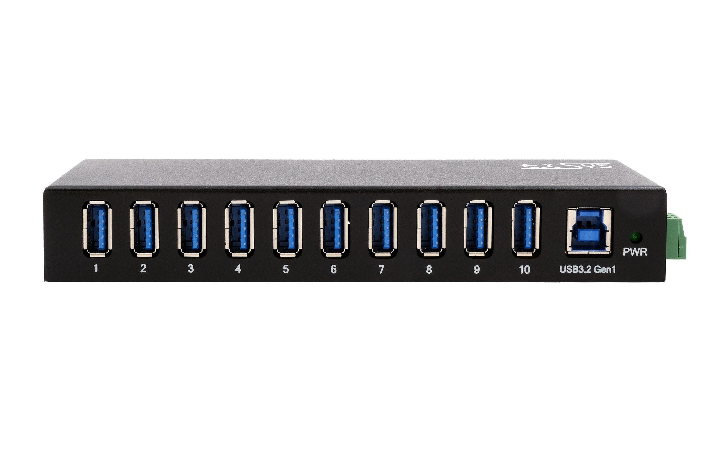 USB-Hub EX-11290HMS<br>10-Port USB 3.2 Gen 1 Metall HUB für Tisch, Wand und DIN-Rail, 15KV ESD Schutz