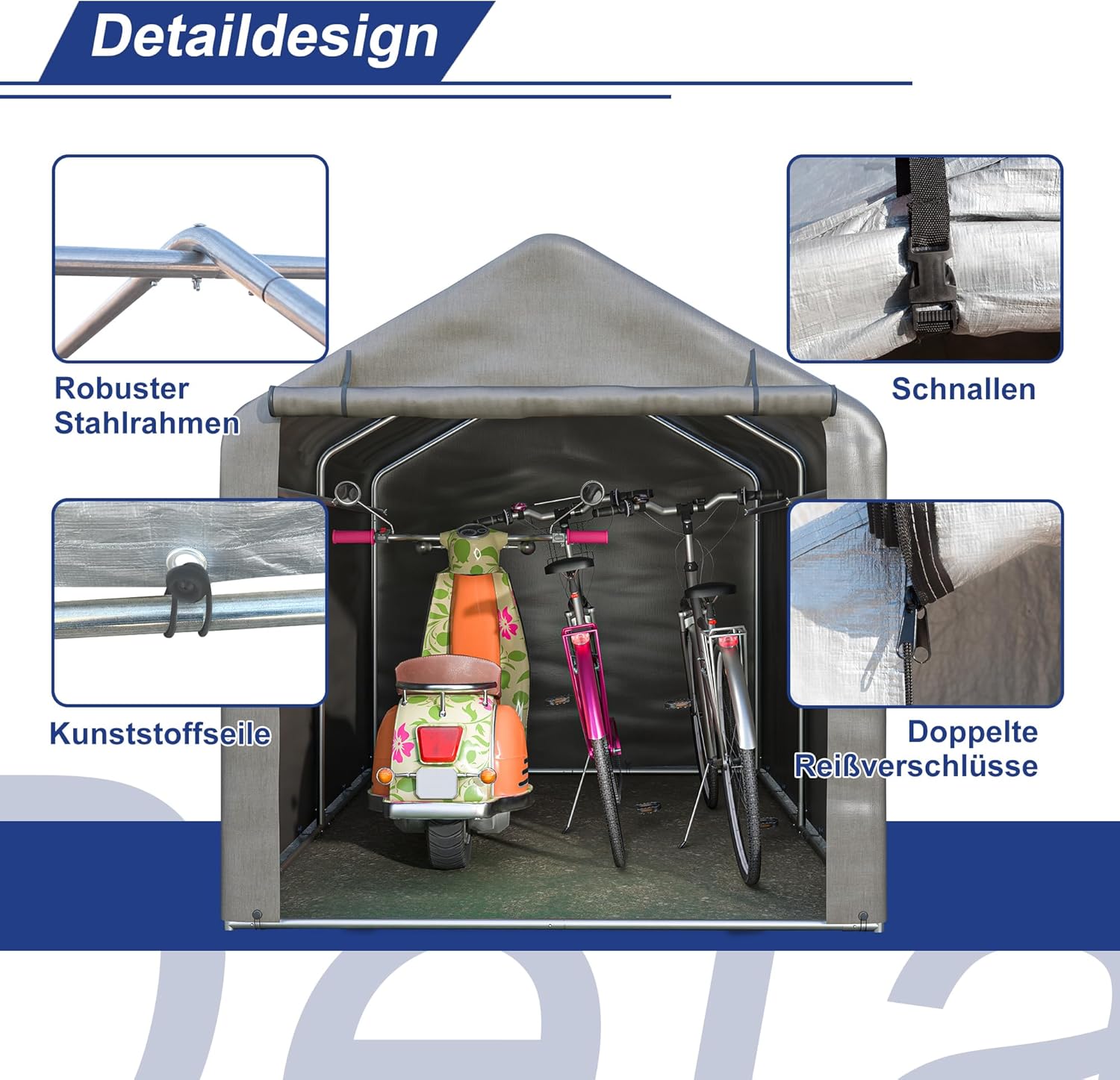 Fahrradgarage 160x220x165 cm, Fahrradgarage für 3 Fahrräder, Fahrradschuppen mit UV-Schutz Fahrradschuppen, Fahrradgarage Wetterfest, Gerätezelt mit Wasserdichtes Rolltor (160x220x165 cm)