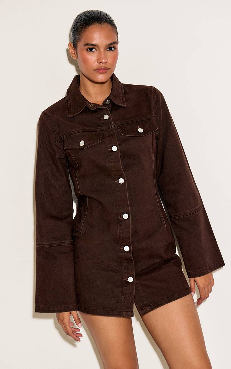 Dark Chocolate Robe Chemise En Denim À Manches Longues Avec Détails De Coutures