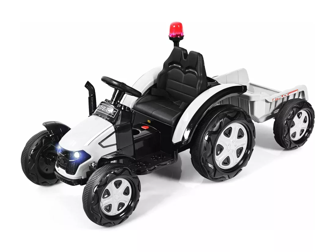 Tracteur Electrique avec Télécommande 2.4G,12V 7AH, Vitesse : 3-8 km/h , MP3, Port USB pour Enfants de 3 à 8 Ans Blanc