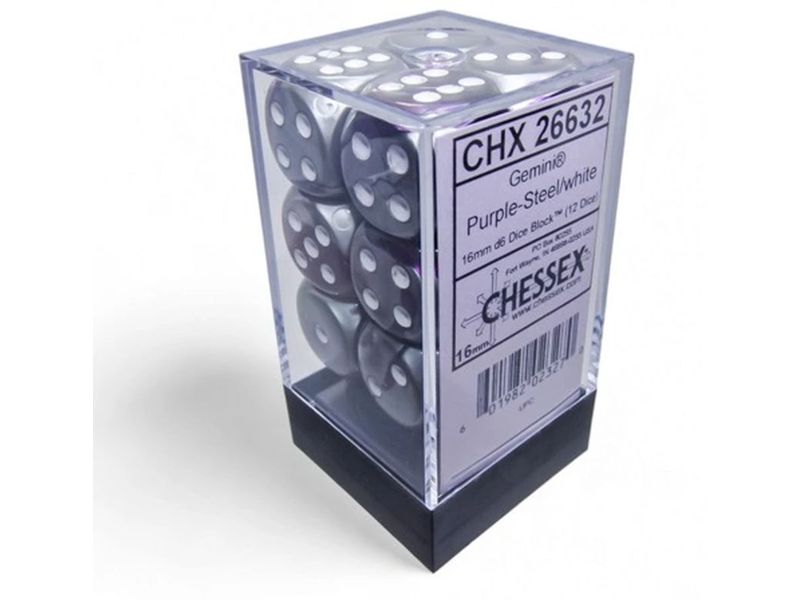 Chessex Würfelset Gemini 16 mm d6 Lila-Stahl/Weiss 12 Stk. Würfelset mit 12 Würfeln