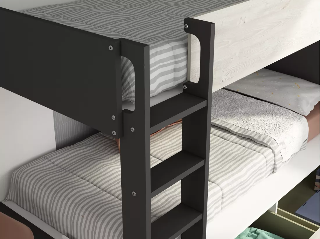 Lits superposés 2 x 90 x 200 cm - 2 tiroirs - Anthracite, naturel et blanc - TINOLI