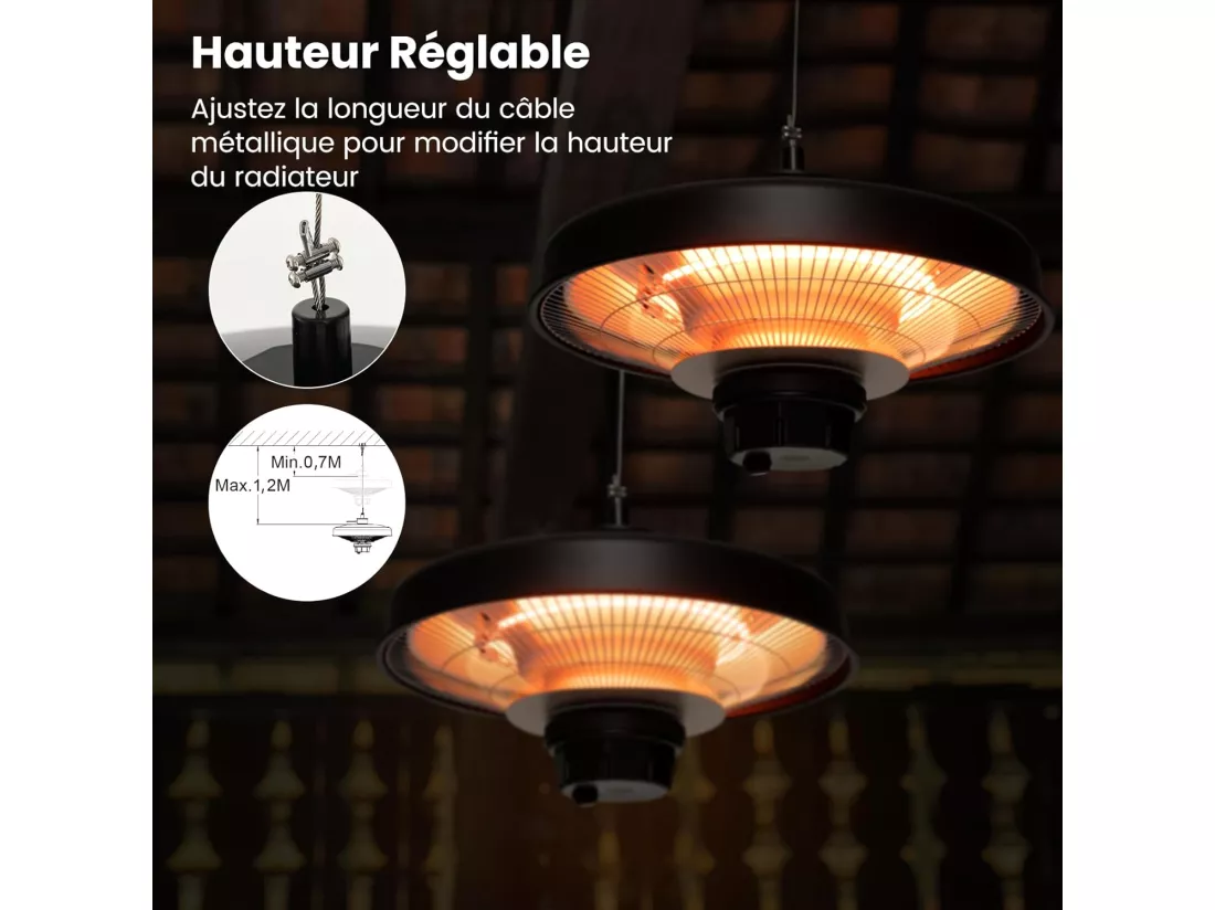 Chauffage Électrique Suspendu à InfraRouge 2000 W, Chauffage Radiant de Plafond Extérieur Étanche IP65 Protection Contre la Surchauffe, pour Porche Terrasse Tonnelle