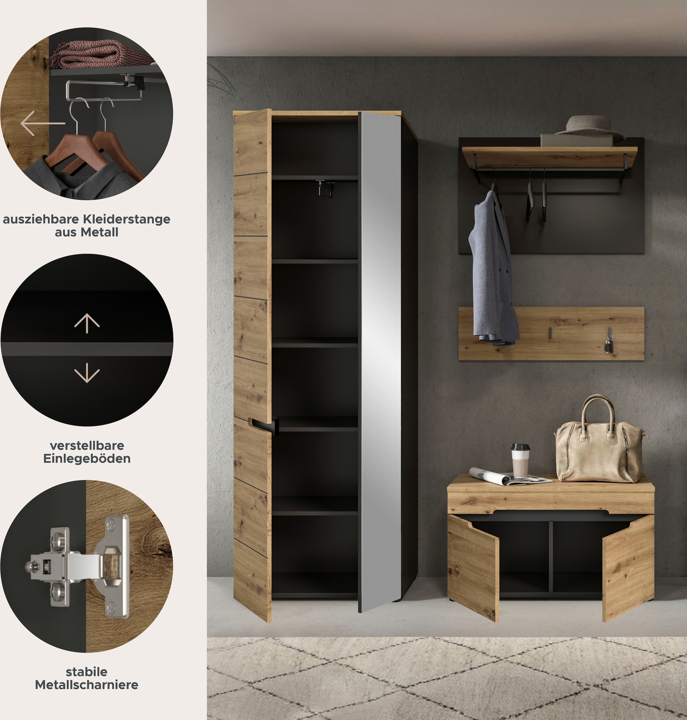 INOSIGN Garderoben-Set »REHAT, TOPSELLER!, 4-teilig, Breite 160cm, individuell stellbar« bestehend aus: Garderobenschrank, Sitzbank, Paneel, Hakenleiste, 3 Stk. tlg.