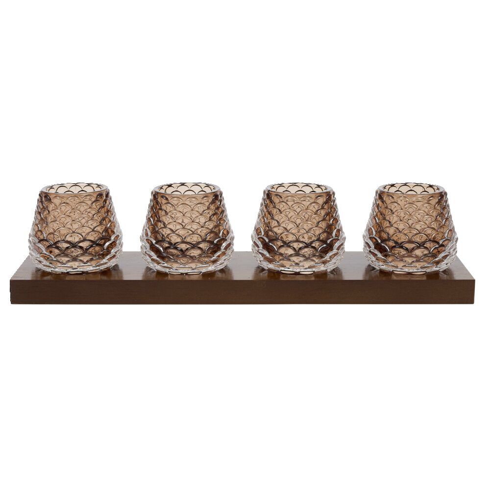 Plateau en bois avec 4 bougeoirs en verre forme pomme de pin 35x8,5x8cm