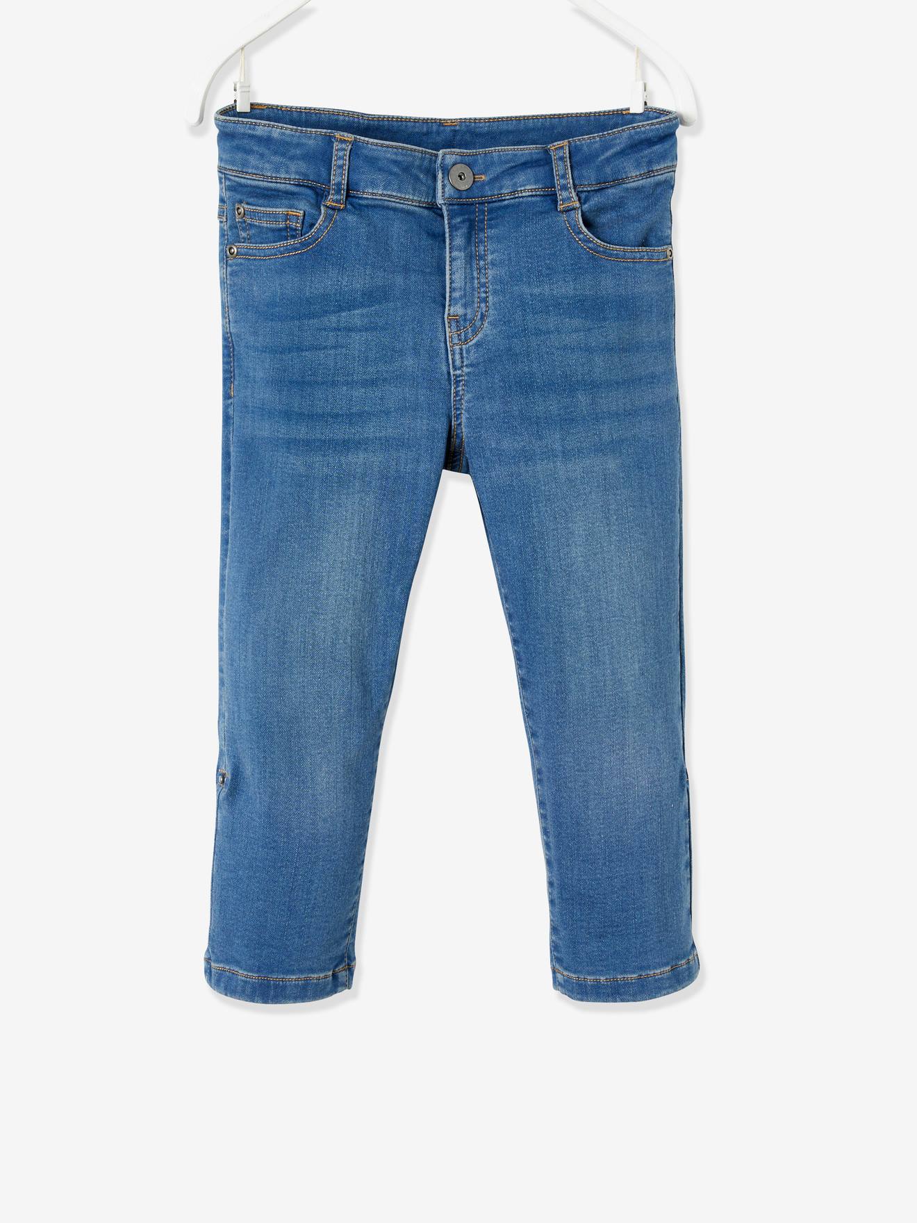Calças curtas de moletom azul-escuro lavado para meninos, com efeito jeans, mangas que podem ser dobradas como bermudas.