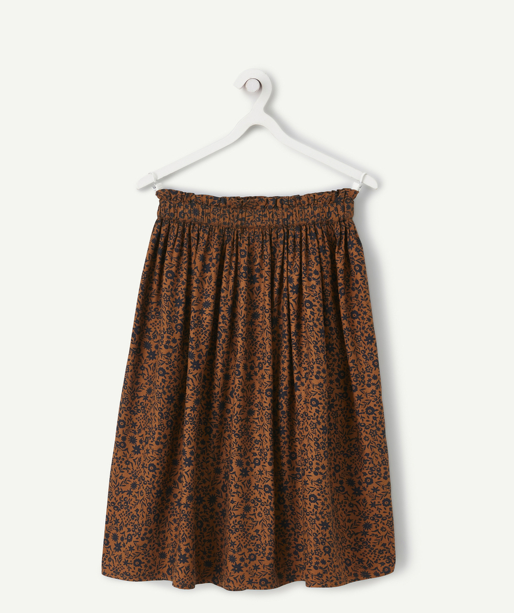 JUPE LONGUE FILLE EN VISCOSE REPONSABLE IMPRIMÉE FLEURIE MARRON ET NOIR