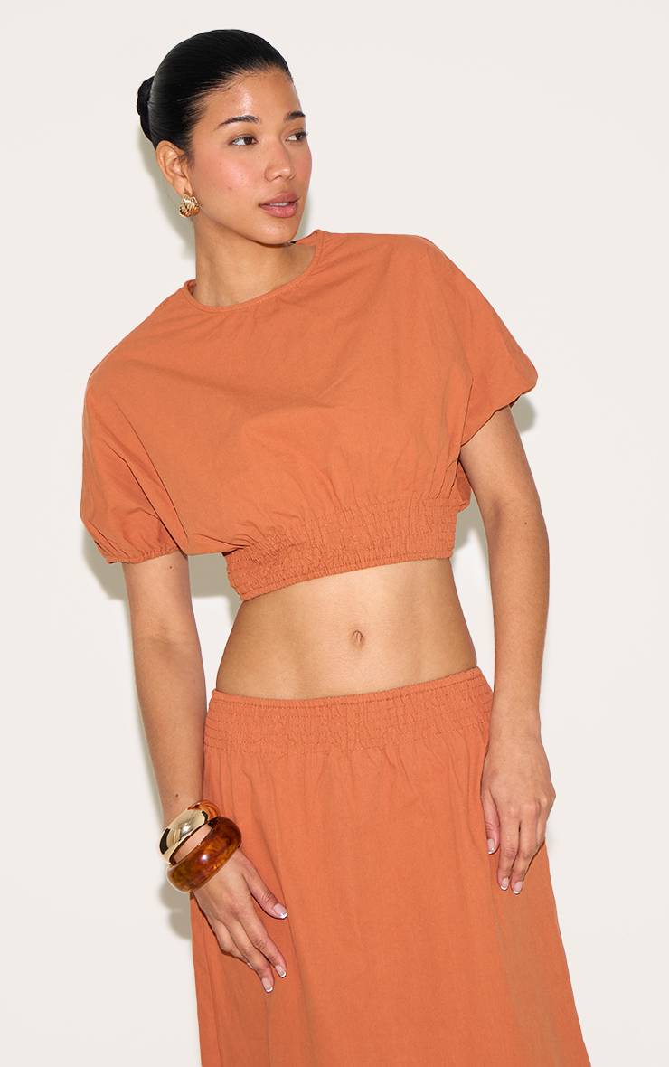 Orange Brûlé Haut Court Taille Froncée À Manches Courtes Ensemble Coordonné